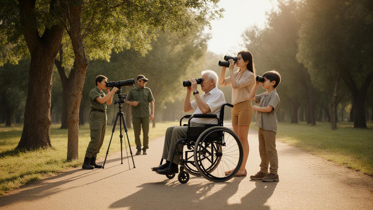 Grupo multigeneracional observando aves en un sendero accesible de Madrid